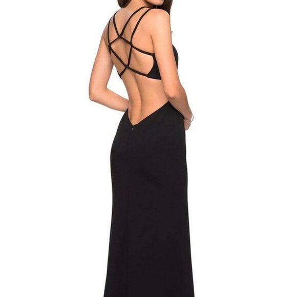 La Femme Black Asymmetrical Neckline Strappy Jersey Evening Dress - Picture 1 of 4